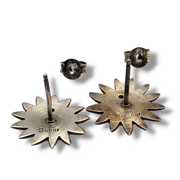 Vintage Jabor Sunflower Stud Earrings Pewter Brass Post Pierced - Picture 5 of 11